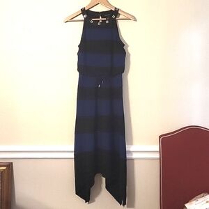White House Black Market midi dress, navy/blue and black stripes